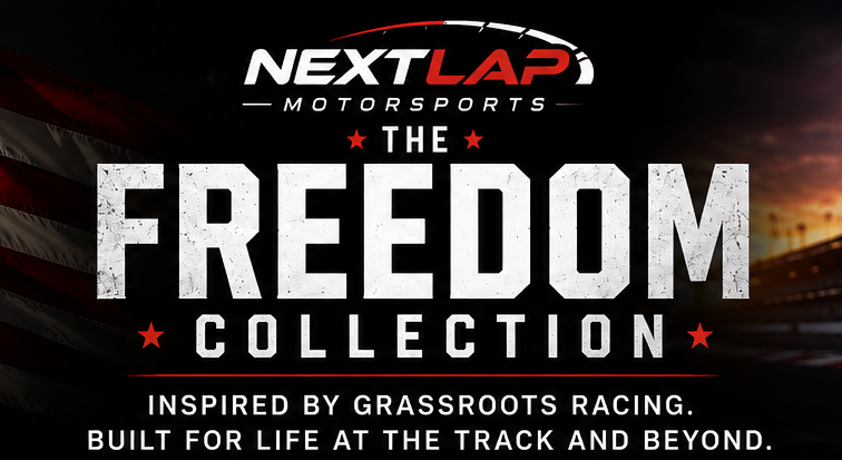 Promotional graphic for NextLap Motorsports' 'Freedom Collection' with American flag and race track background.